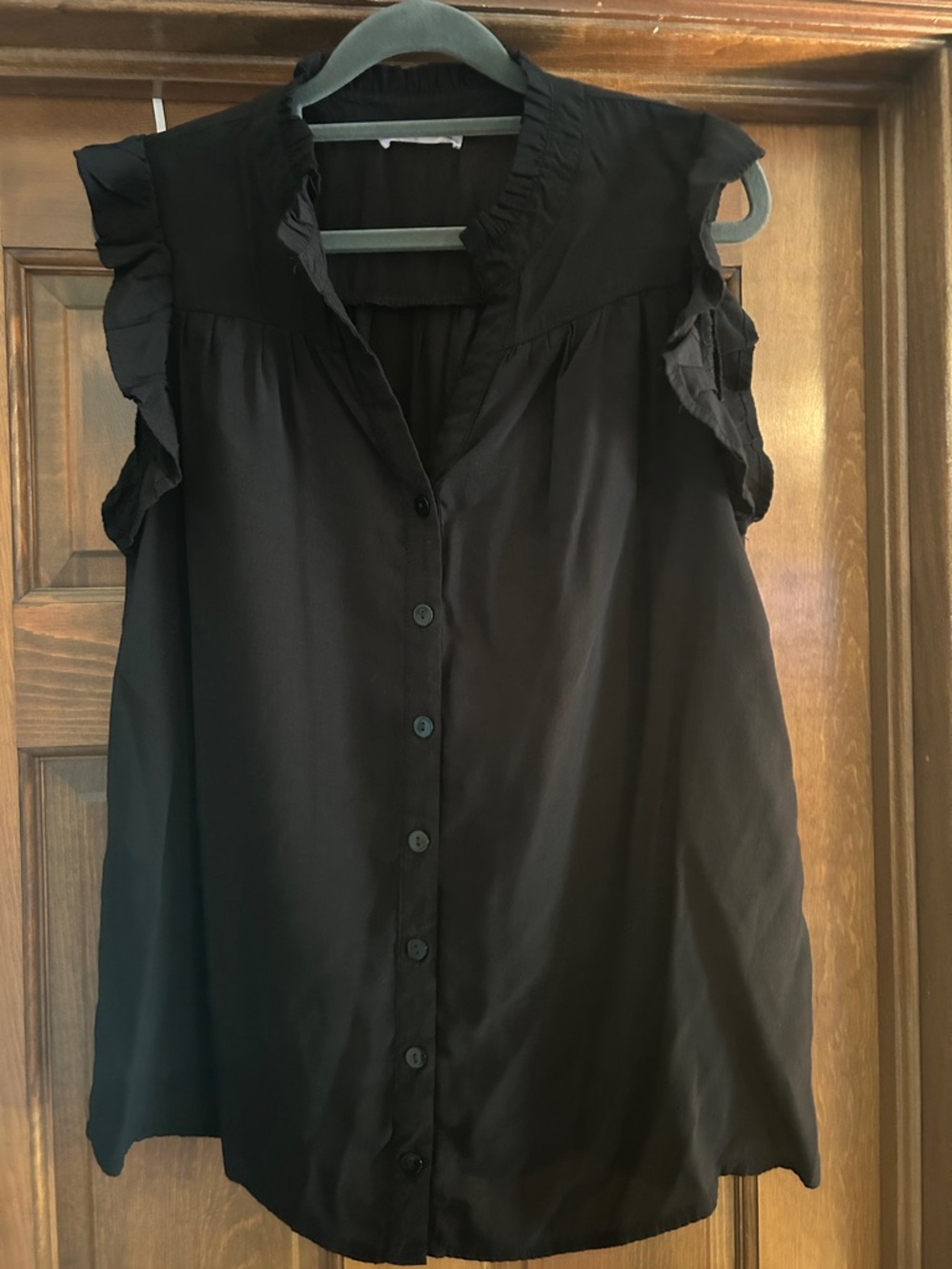 Black Ruffle-Sleeve Button Front Women's Top